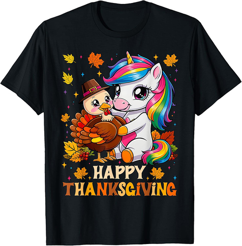 Cute Unicorn Hugs Turkey Happy Thanksgiving Girls Women T-Shirt