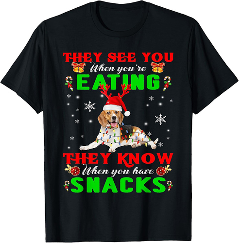 They See You Eating Christmas Reindeer Santa Beagle T-Shirt