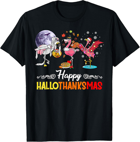 Flamingo Happy HalloThanksmas Funny Halloween Thanksgiving T-Shirt