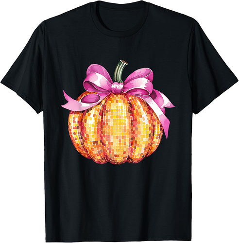 Retro Coquette Pumpkin Pink Bow Fall Thanksgiving Women Girl T-Shirt