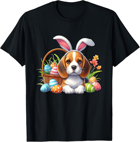 Beagle with Easter Bunny Ears and Colorful Easter Eggs T-Shirt