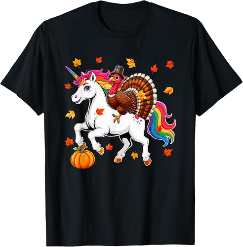 Turkey Riding Unicorn Thanksgiving Fall Leaves Pumpkin Lover T-Shirt