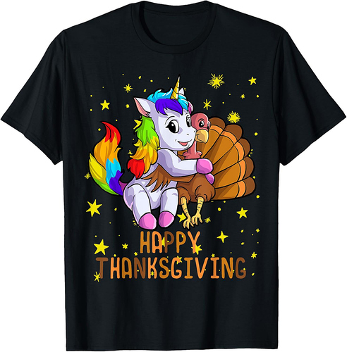 Cute Unicorn Hugs Turkey Happy Thanksgiving Girls T-Shirt