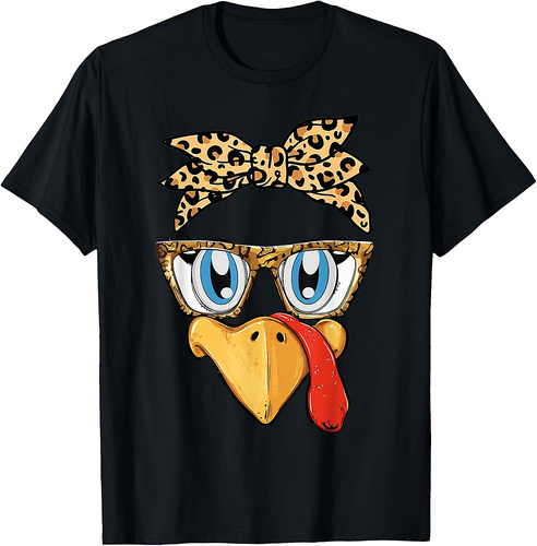 Thanksgiving Turkey Face Leopard Print Glasses Women Girls T-Shirt