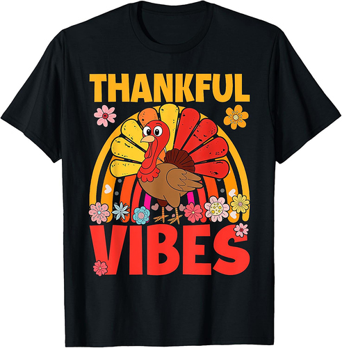 Thankful Vibes Turkey Rainbow Funny Retro Thanksgiving Women 01 T-Shirt
