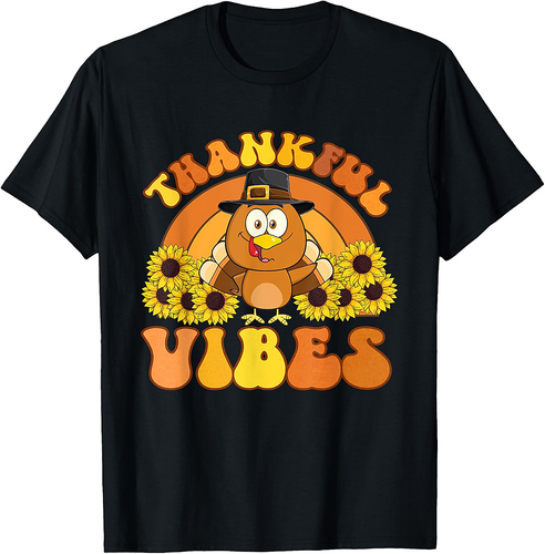 Retro Thankful Vibes Autumn Groovy Thanksgiving Turkey T-Shirt