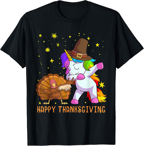 Cute Unicorn Thanksgiving Shirt For Girls Pilgrim Hat Turkey T-Shirt