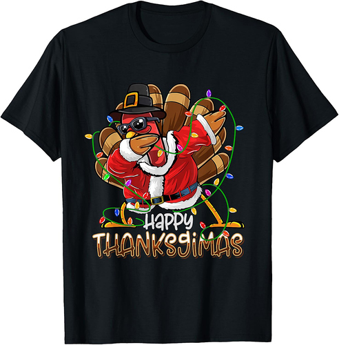 Dabbing Turkey Lights Thanksgimas Thanksgiving Christmas T-Shirt
