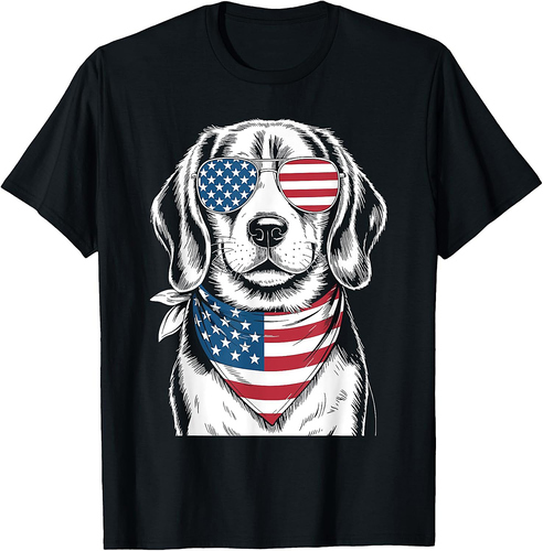 Beagle Dog USA Flag Sunglasses Patriotic 4th of July T-Shirt for Men Women