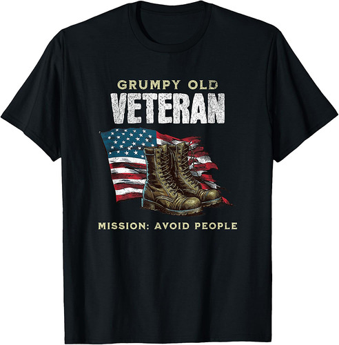 Funny Grumpy Old Vet for Military w/American Flag and Boots T-Shirt