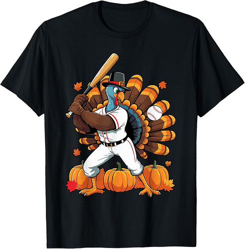 Turkey Playing Baseball Thanksgiving Baseball Player Boy Men T-Shirt