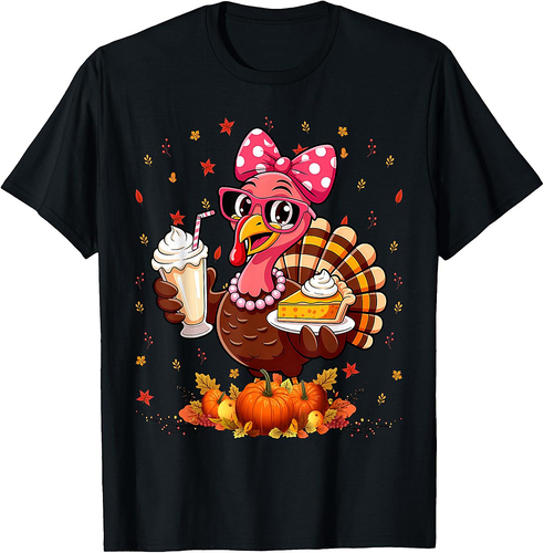 Thanksgiving Turkey Drinking Coffee Bow Pie Turkey Day Women T-Shirt