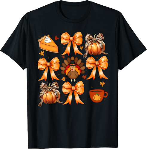Coquette Bow Pumpkin Pie Turkey Thanksgiving Autumn Fall T-Shirt