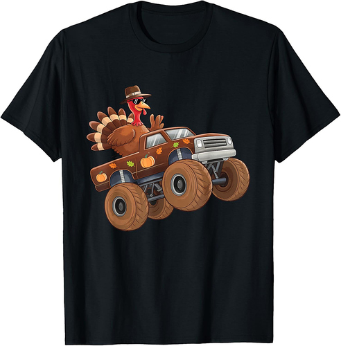 Turkey Thanksgiving Riding Monster Truck Boys T-Shirt