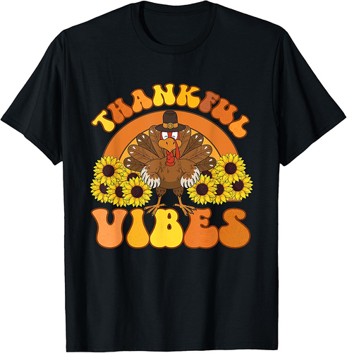 Thankful Vibes Thanksgiving Turkey Family Retro Groovy T-Shirt