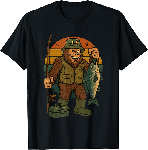 Bigfoot Fishing Funny Retro Sasquatch Dad T-Shirt