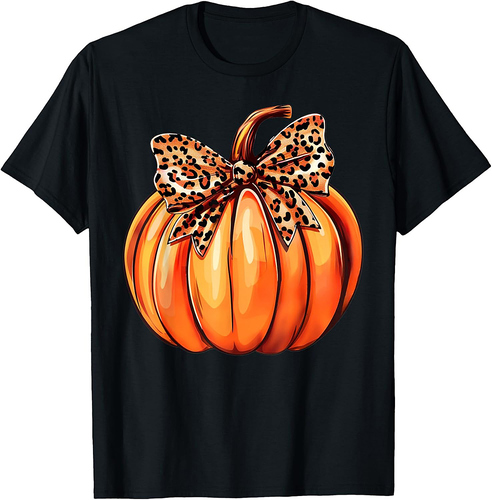 Coquette Bow Leopard Pumpkin Thanksgiving Rustic Fall Women T-Shirt