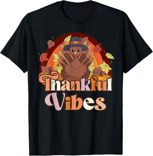 Retro Groovy Thankful Vibes Cute Turkey Fall Thanksgiving T-Shirt