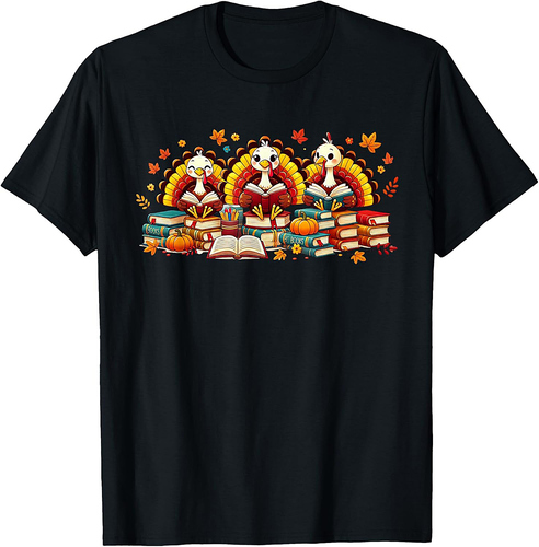 Turkey Reading Books Fall Thanksgiving Teacher Book Lovers 01 T-Shirt