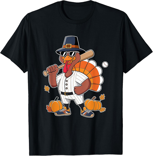 Baseball Player Turkey Funny Thanksgiving Day Boys Men T-Shirt