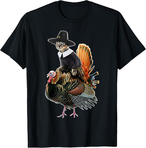 Thanksgiving Cat Pilgrim Costume Thanksgiving Turkey Gift T-Shirt for Men Women Girls
