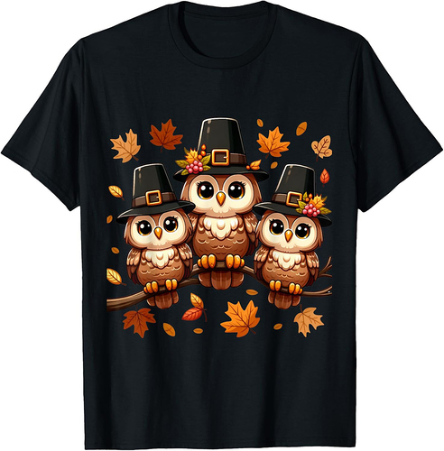 Pilgrim Owls on Autumn Perch Thanksgiving T-Shirt