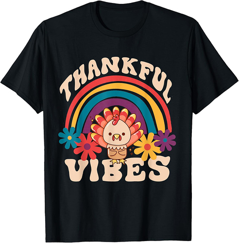 Retro Groovy Thankful Vibes Turkey Fall Funny Thanksgiving T-Shirt