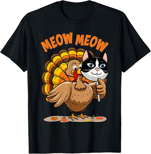 Funny Thanksgiving Funny Turkey Cat Meow T-Shirt for Men Women