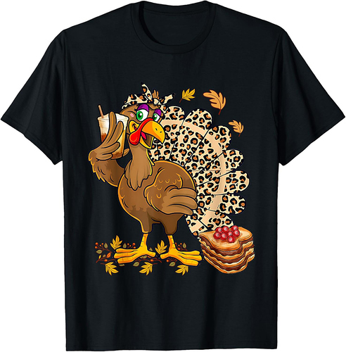 Turkey Drinking Coffee Bow Thanksgiving Womens Turkey Day T-Shirt