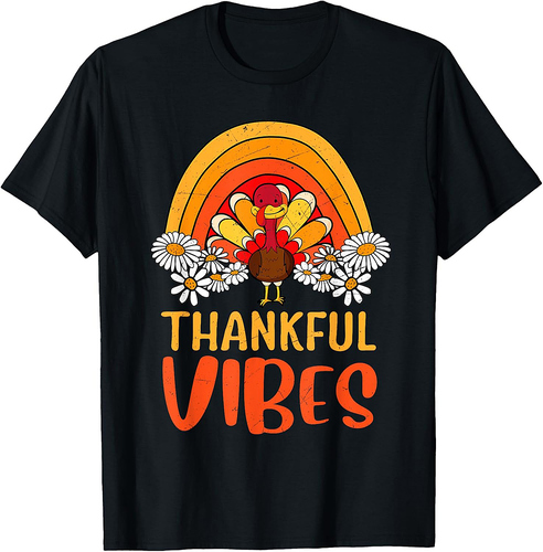 Thankful Vibes Turkey Retro Groovy Thanksgiving Rainbow T-Shirt