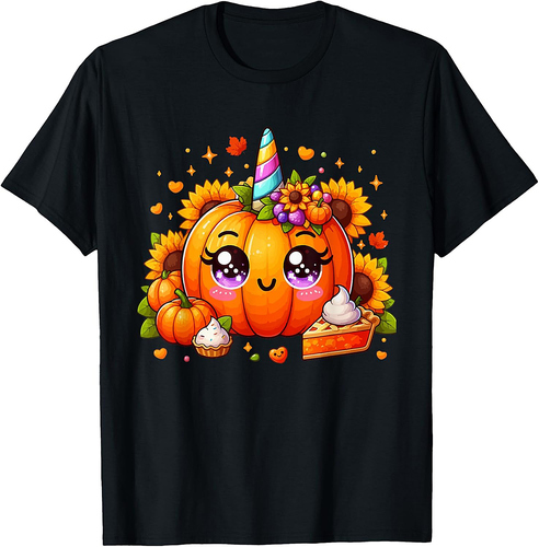 Floral Pumpkin As Unicorn Face Thanksgiving Matching T-Shirt