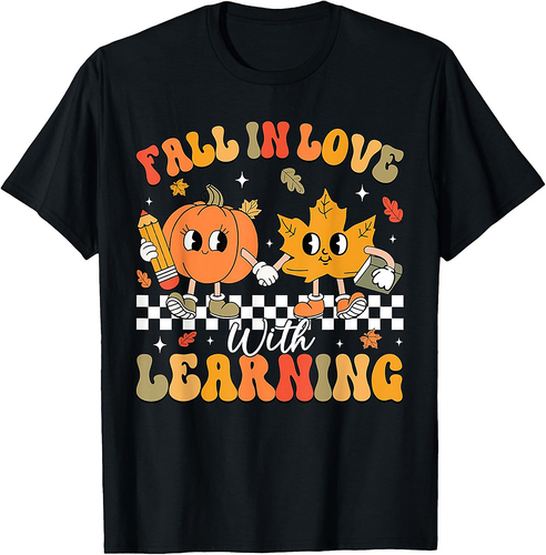Retro Fall In Love With Learning Autumn Pumpkin Teacher T-Shirt