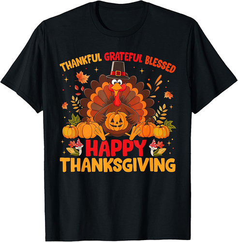 Happy Thanksgiving Thankful Grateful Blessed Turkey Women T-Shirt