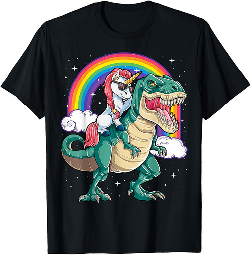 Unicorn Riding T rex Dinosaur Boys Girls Men Women Rainbow Thanksgiving T-Shirt