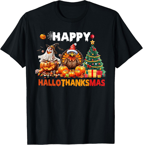 Retro Halloween Thanksgiving Christmas Happy HalloThanksMas T-Shirt