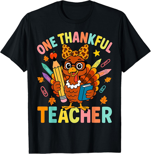 Cute Crayon Pencil One Thankful Teacher Thanksgiving Turkey T-Shirt