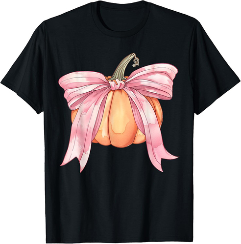 Coquette Autumn Pumpkin Pink Bow Girly Halloween Fall Women T-Shirt