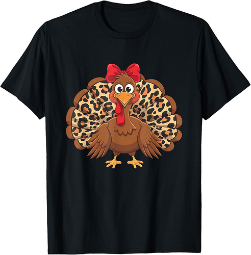 Womens Girls Thanksgiving Leopard Turkey Autumn Fall Season T-Shirt