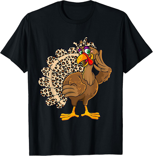 Thanksgiving Turkey Women Girl Leopard Print Autumn Fall T-Shirt