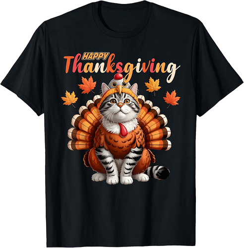 Happy Thanksgiving Cat Turkey Day Fall Women Girls  Men T-Shirt