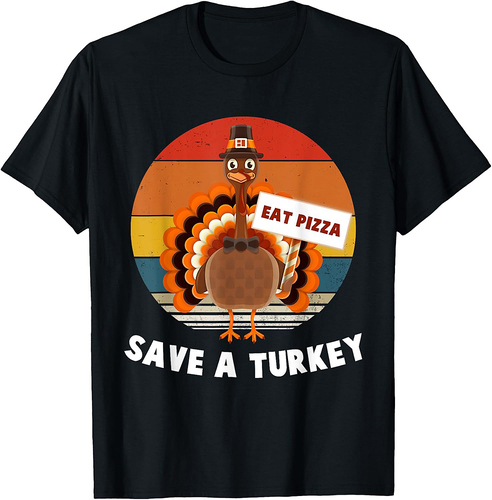 Save A Turkey Eat Pizza Vintage Thanksgiving Retro Style T-Shirt