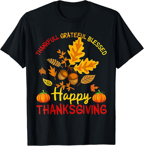 Thankful Grateful Blessed Thanksgiving Autumn Leaves Acorns T-Shirt