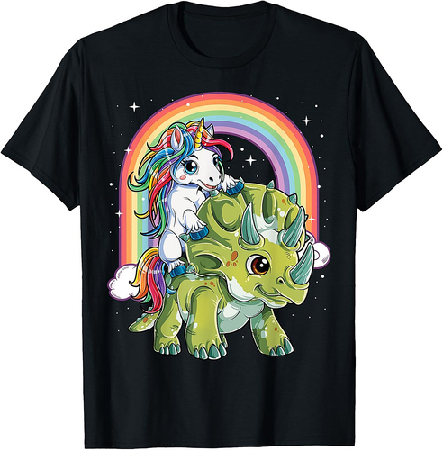 Unicorn Riding Dinosaur Triceratops Funny Boys Girls Rainbow Thanksgiving T-Shirt