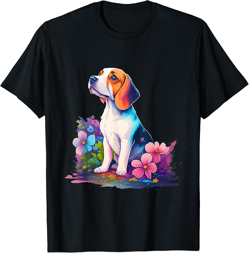 Beagle Dog by Flowers Vintage Style Graphic T-Shirt