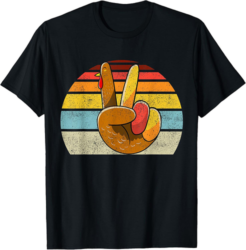 Peace Sign Turkey Hand Thanksgiving Retro Style Women Girls T-Shirt