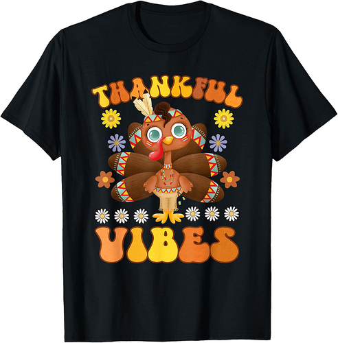 Retro Thankful Vibes Autumn Groovy Thanksgiving Turkey T-Shirt
