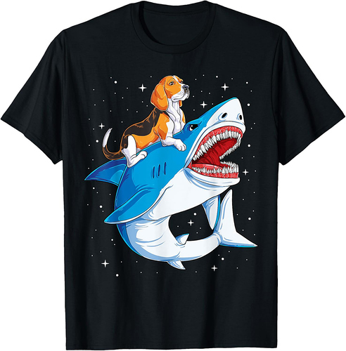 Beagle Riding Shark Jawsome Dog Lover Gifts Space Galaxy Men Women T-Shirt