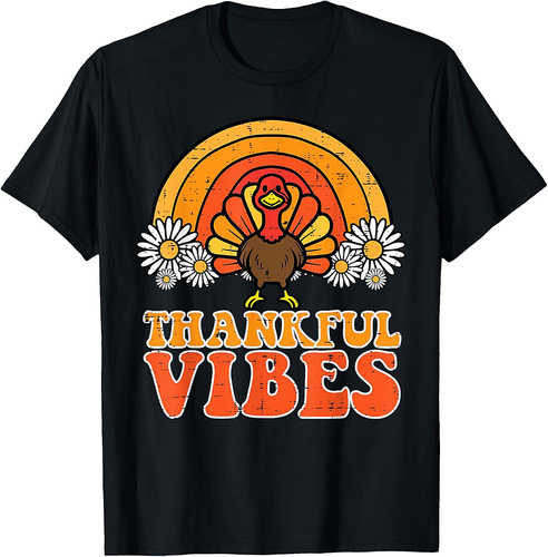 Thankful Vibes Turkey Rainbow Funny Retro Thanksgiving Women 001 T-Shirt