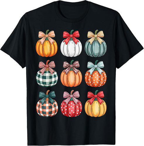Coquette Bow Pumpkin Season Thanksgiving Autumn Fall Leaves T-Shirt