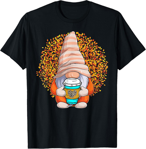 Gnome Leopard Fall Leaf Autumn Coffee Nurse Thanksgiving T-Shirt